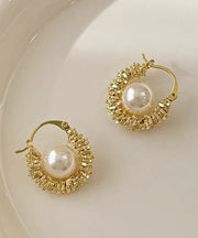 Vogue Gold Copper Alloy Asymmetrical Pearl Hoop Earrings