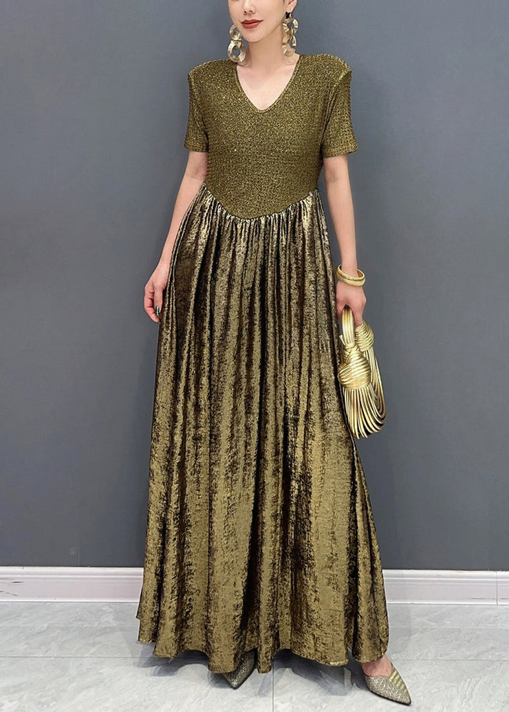 Vogue Gold V Neck Sequins Long Dresses Summer