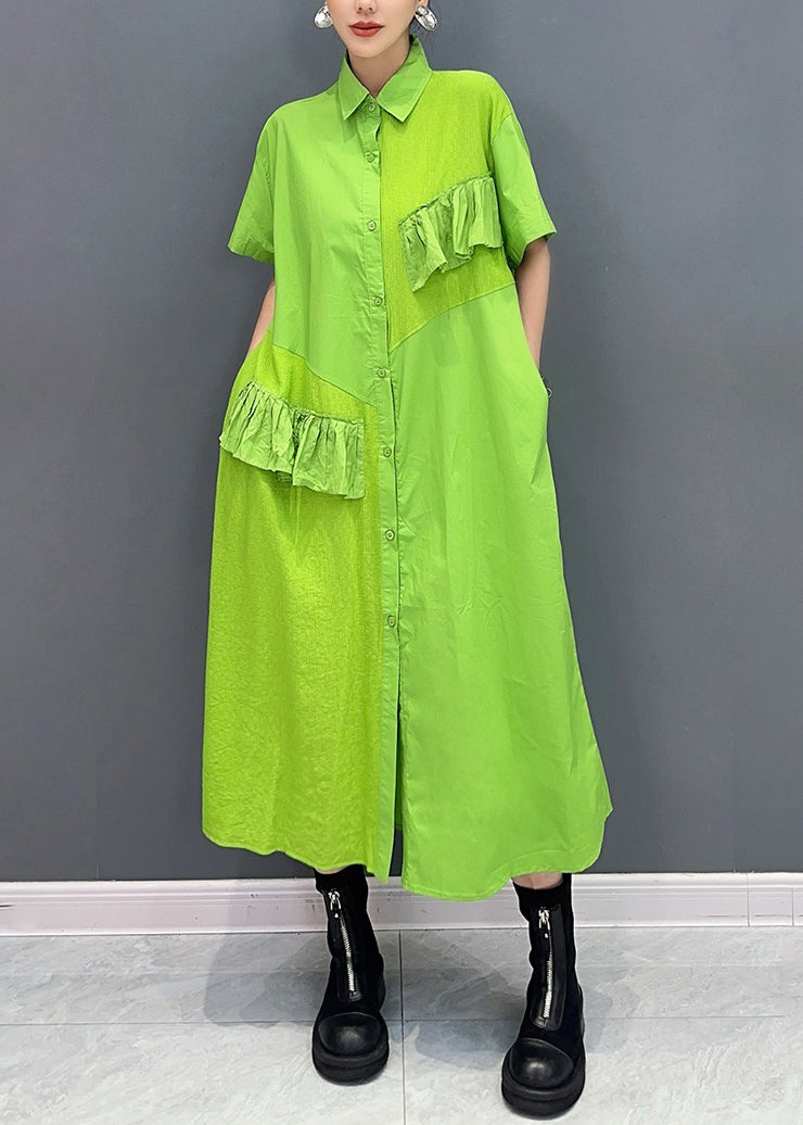 Vogue Green Peter Pan Collar Patchwork Button Maxi Dress Summer