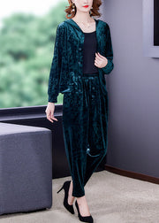 Vogue Green Print Silk Velour Hooded Coats And Harem Pants Two Pieces Set Fall