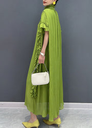 Vogue Green Turtleneck Ruffled Wrinkled Maxi Dress Short Sleeve