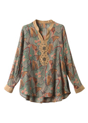 Vogue Green V Neck Print Nail Bead Low High Design Chiffon Shirt Long Sleeve