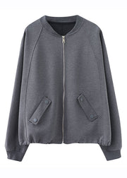 Vogue Grey O-Neck Patchwork Drawstring Coat Long Sleeve