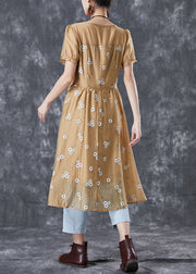 Vogue Khaki Puff Sleeve Patchwork Print Wrinkled Chiffon Dress Summer