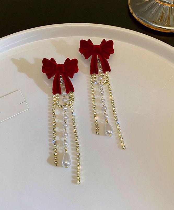 Vogue Mulberry Alloy Zircon Pearl Velvet Bow Tassel Drop Earrings