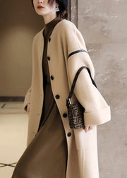 Vogue O-Neck Pockets Patchwork Button Woolen Trench Coats Long Sleeve