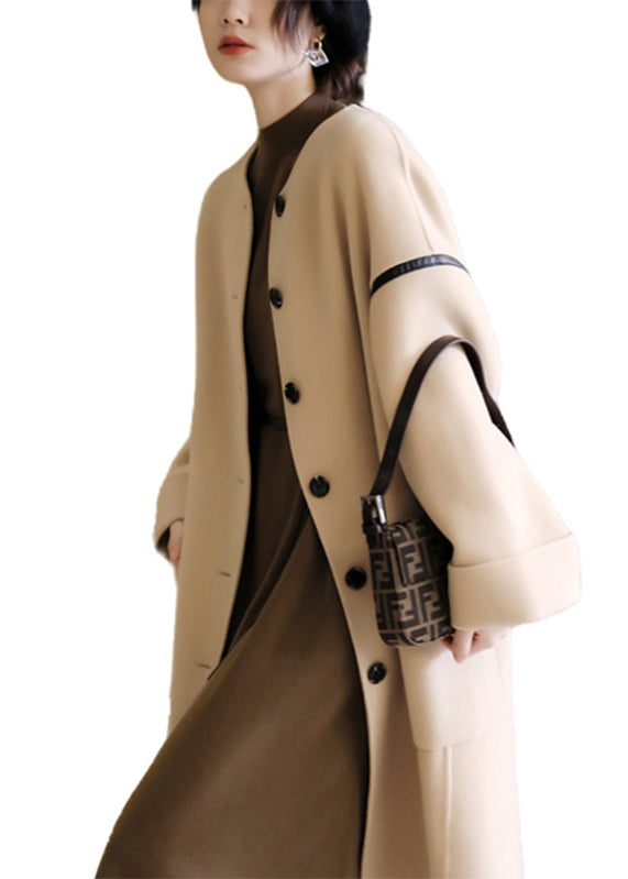 Vogue O-Neck Pockets Patchwork Button Woolen Trench Coats Long Sleeve