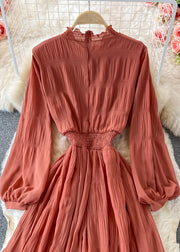 Vogue Orange Stand Collar Ruffled Tunic Chiffon Long Dresses Long Sleeve