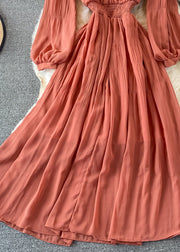 Vogue Orange Stand Collar Ruffled Tunic Chiffon Long Dresses Long Sleeve