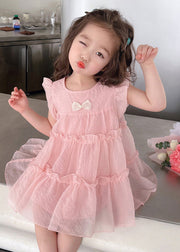 Vogue Pink Ruffled Patchwork Tulle Kids Mid Dress Summer