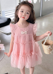 Vogue Pink Ruffled Patchwork Tulle Kids Mid Dress Summer