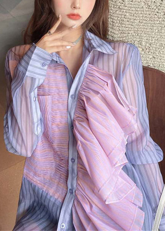 Vogue Purple Peter Pan Collar Asymmetrical Ruffled Patchwork Striped Button Shirt Long Sleeve