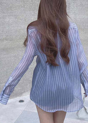 Vogue Purple Peter Pan Collar Asymmetrical Ruffled Patchwork Striped Button Shirt Long Sleeve