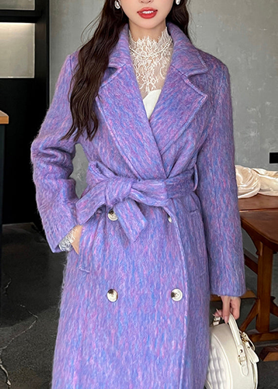 Vogue Purple Pockets Patchwork Long Woolen Coats Winter