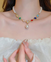 Vogue Rainbow Alloy Crystal Pearl Square Pendant Necklace