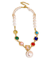 Vogue Rainbow Alloy Crystal Pearl Square Pendant Necklace