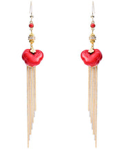 Vogue Red 14K Gold Cinnabar Ruyi Tassel Drop Earrings