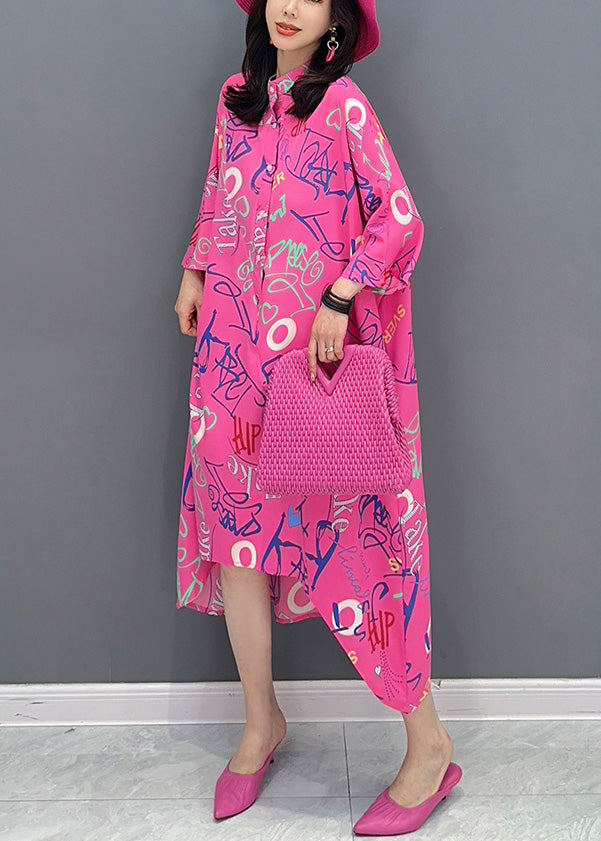 Vogue Red Asymmetrical Graphic Print Button Maxi Shirts Dress Long Sleeve