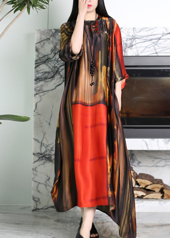 Vogue Red O-Neck Asymmetrical Print Silk Maxi Dress Summer