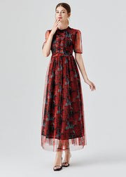 Vogue Red Ruffled Print Patchwork Tulle Long Dress Summer