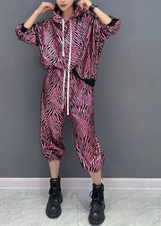 Vogue Rose Striped Print Hooded Top And Pants Two Pieces Set Fall