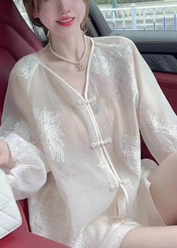 Vogue White Embroideried Button Chiffon UPF 50+ Shirt Fall