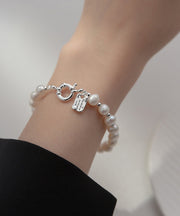 Vogue White Sterling Silver Pearl Beading Graphic Charm Bracelet