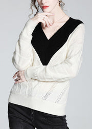 Vogue White V Neck Thick Patchwork Woolen Sweaters Spring