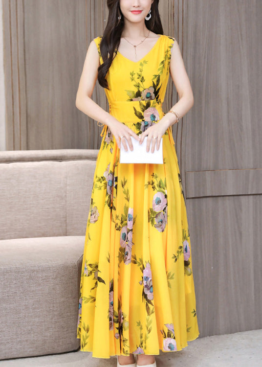 Vogue Yellow V Neck Print Chiffon Long Dresses Summer