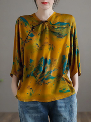 Grace Yellow O-Neck Button Print Silk T Shirt Half Sleeve