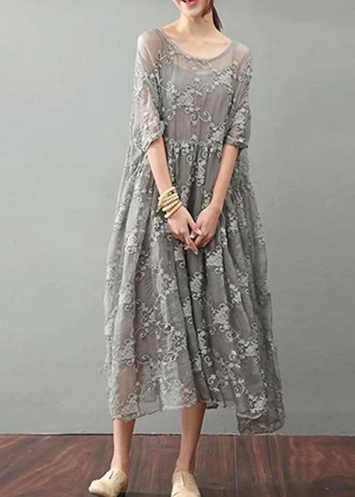 Vintage Gray Maxi Dress Trendy Plus Size Lace Gown Top Quality Bracelet Sleeved Gown ( Limited Stock)