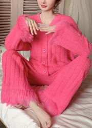 Warm Rose V Neck Button Fluffy Pajamas Two Pieces Set Winter