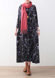 Warm black purple print silk corduroy dresses oversized winter dresses Elegant o neck long dress