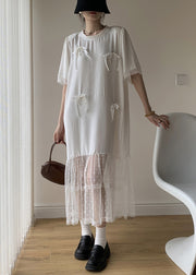 White Bow Tulle Patchwork Cotton Summer Long Dress O Neck