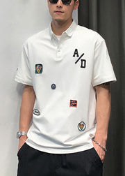 White Button Cotton Mens Polo Shirts Peter Pan Collar Short Sleeve