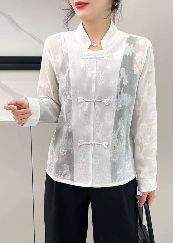 White Button Patchwork Blouse Stand Collar Long Sleeve