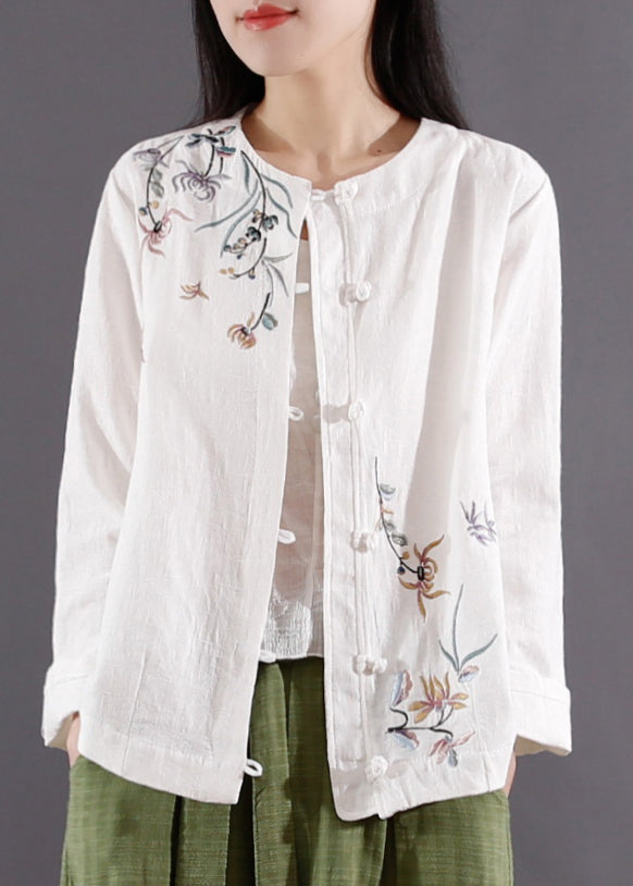 White Button Patchwork Cotton Coats O Neck Long Sleeve