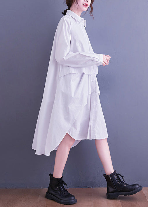 White Button Patchwork Cotton Shirts Dresses Asymmetrical Long Sleeve