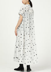 White Button Print Cotton Long Dress Stand Collar Summer