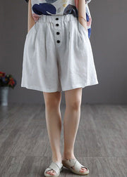 White Button Solid Wide Leg Shorts