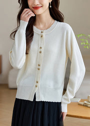 White Button Solid Wool Knit Fall Coats O Neck