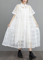 White Button Tulle Two Pieces Set Peter Pan Collar Summer