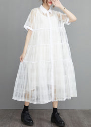 White Button Tulle Two Pieces Set Peter Pan Collar Summer