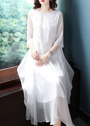 White Chiffon Long Dress Embroideried Asymmetrical Design Summer