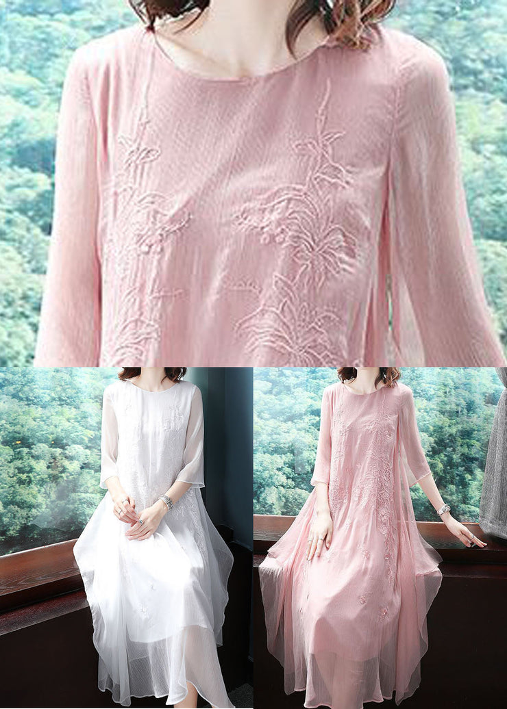 White Chiffon Long Dress Embroideried Asymmetrical Design Summer