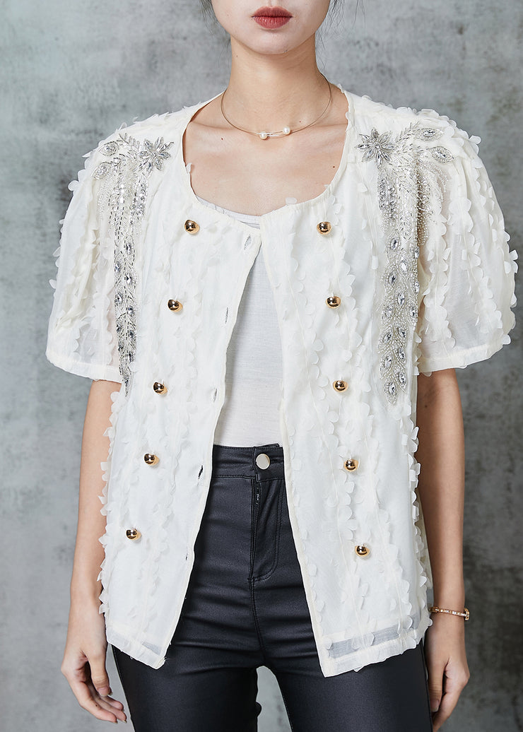 White Chiffon Shirts Double Breast Zircon Summer