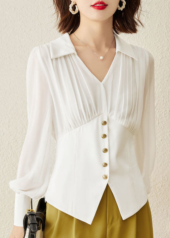 White Chiffon Tops Wrinkled V Neck Hollow Out Long Sleeve