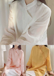 White Chinese Button Cotton Shirt Tops Side Open Spring