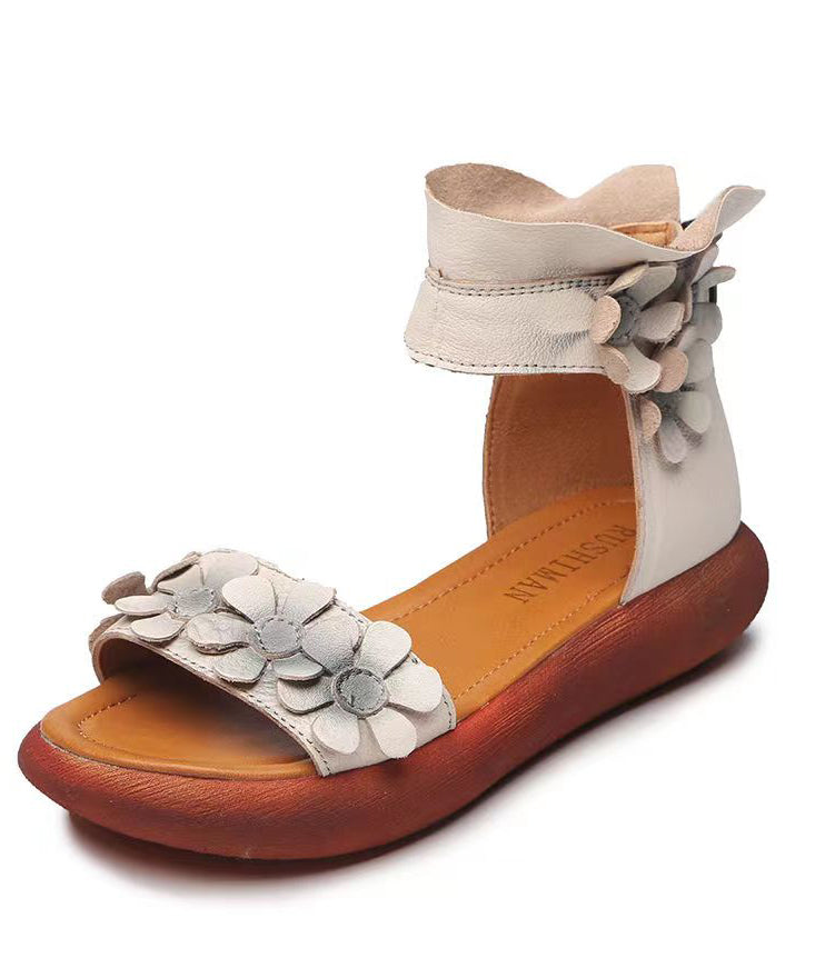 White Chunky Cowhide Leather Splicing Floral Walking Sandals