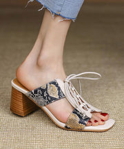 White Chunky Cowhide Leather Stylish Splicing Lace Up Slide Sandals